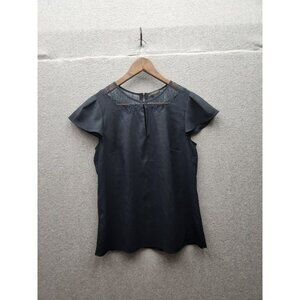 Ann Taylor Womens Navy Lace Yoke Flutter Sleeve Top Size 4